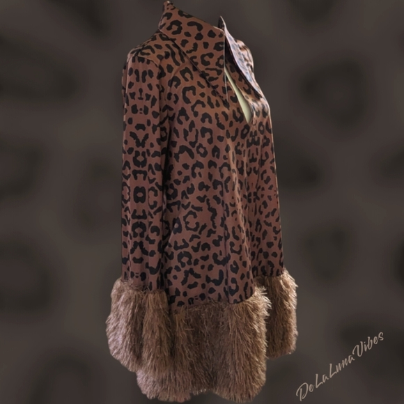 Leopard Print Dress in Honey Brown & Black with Contrast Fuzzy Faux Fur Trim MED - Picture 7 of 13